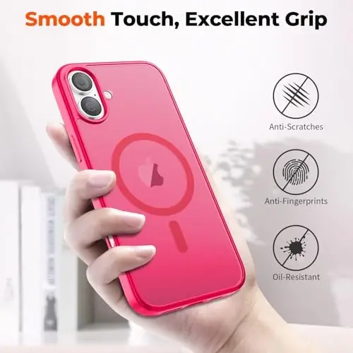 zapica Magnetic for iPhone 17 Case, with [Tempered Glass Screen Protector] [Compatible with MagSafe] Translucent Matte Shockproof Anti-Scratch Phone Cover, Hot Pink - 6