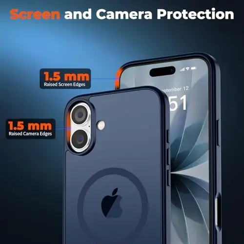 zapica Magnetic for iPhone 17 Case, with [Tempered Glass Screen Protector] [Compatible with MagSafe] Translucent Matte Shockproof Anti-Scratch Phone Cover, Navy Blue - 5