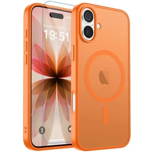 zapica Magnetic for iPhone 17 Case, with [Tempered Glass Screen Protector] [Compatible with MagSafe] Translucent Matte Shockproof Anti-Scratch Phone Cover, Orange 