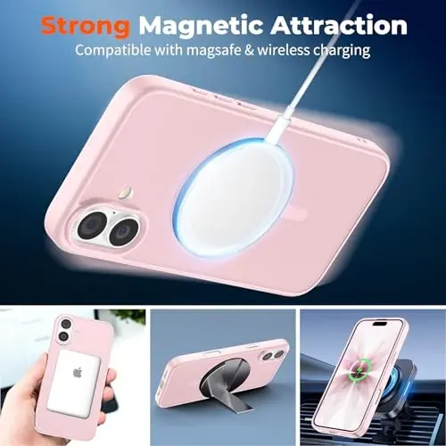 zapica Magnetic for iPhone 17 Case, with [Tempered Glass Screen Protector] [Compatible with MagSafe] Translucent Matte Shockproof Anti-Scratch Phone Cover, Pink - 3