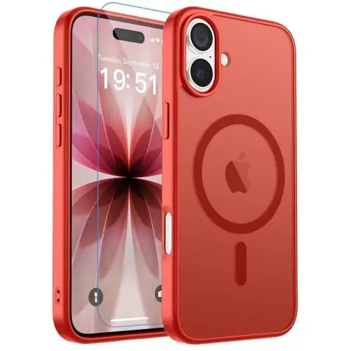 zapica Magnetic for iPhone 17 Case, with [Tempered Glass Screen Protector] [Compatible with MagSafe] Translucent Matte Shockproof Anti-Scratch Phone Cover, Red 