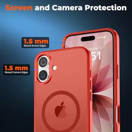 zapica Magnetic for iPhone 17 Case, with [Tempered Glass Screen Protector] [Compatible with MagSafe] Translucent Matte Shockproof Anti-Scratch Phone Cover, Red - 5