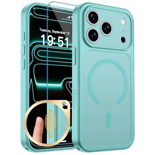 zapica Magnetic for iPhone 17 Pro Case, Upgraded [Camera Control Button] [Full Camera Protection] [with 1 Screen Protector] Translucent Matte Shockproof Protective Phone Cover, Aqua Green - 1