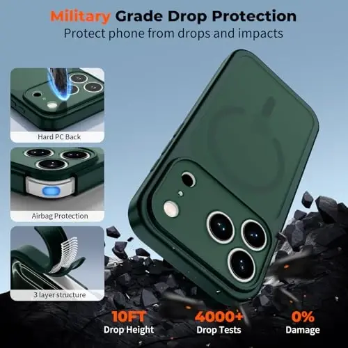 zapica Magnetic for iPhone 17 Pro Case, Upgraded [Camera Control Button] [Full Camera Protection] [with 1 Screen Protector] Translucent Matte Shockproof Protective Phone Cover, Dark Green - 6
