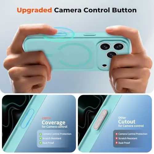 zapica Magnetic for iPhone 17 Pro Max Case, Upgraded [Camera Control Button] [Full Camera Protection] [with 1 Screen Protector] Translucent Matte Shockproof Protective Phone Cover, Aqua Green - 4