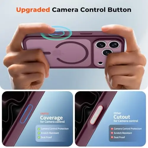 zapica Magnetic for iPhone 17 Pro Max Case, Upgraded [Camera Control Button] [Full Camera Protection] [with 1 Screen Protector] Translucent Matte Shockproof Protective Phone Cover, Burgundy - 4