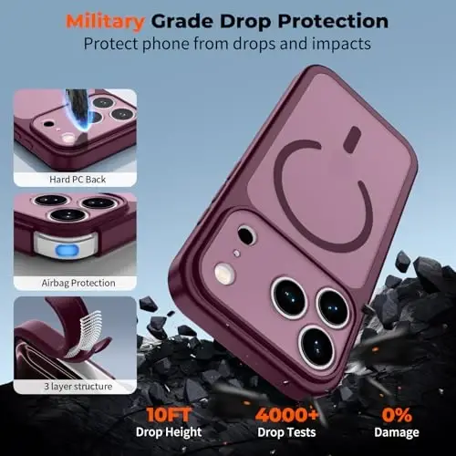 zapica Magnetic for iPhone 17 Pro Max Case, Upgraded [Camera Control Button] [Full Camera Protection] [with 1 Screen Protector] Translucent Matte Shockproof Protective Phone Cover, Burgundy - 6