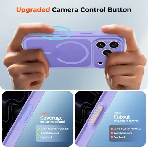 zapica Magnetic for iPhone 17 Pro Max Case, Upgraded [Camera Control Button] [Full Camera Protection] [with 1 Screen Protector] Translucent Matte Shockproof Protective Phone Cover, Purple - 4