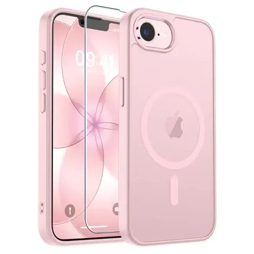 zapica Magnetic for iPhone 17e Case & iPhone 16e Case, with [Tempered Glass Screen Protector] [Compatible with MagSafe] Translucent Matte Shockproof Anti-Scratch Phone Cover, Pink 