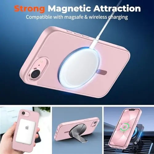zapica Magnetic for iPhone 17e Case & iPhone 16e Case, with [Tempered Glass Screen Protector] [Compatible with MagSafe] Translucent Matte Shockproof Anti-Scratch Phone Cover, Pink - 3