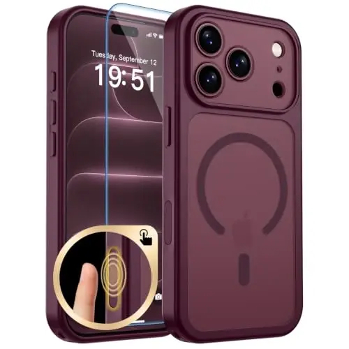 zapica Magnetic for iPhone 18 Pro Case, Burgundy | Upgraded Camera Control Button, Full Camera Protection, with Screen Protector, Translucent Matte Shockproof Phone Cover - ZAPICA
