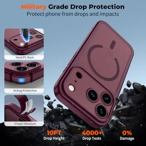 zapica Magnetic for iPhone 18 Pro Case, Burgundy | Upgraded Camera Control Button, Full Camera Protection, with Screen Protector, Translucent Matte Shockproof Phone Cover - 6