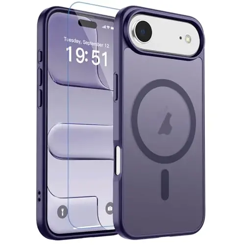 zapica Magnetic for iPhone Air Case, with [Tempered Glass Screen Protector] [Compatible with MagSafe] Translucent Matte Shockproof Anti-Scratch Phone Cover, Dark Purple 