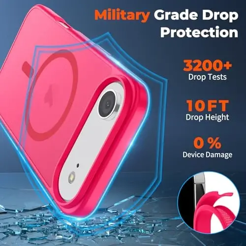 zapica Magnetic for iPhone Air Case, with [Tempered Glass Screen Protector] [Compatible with MagSafe] Translucent Matte Shockproof Anti-Scratch Phone Cover, Hot Pink - 4