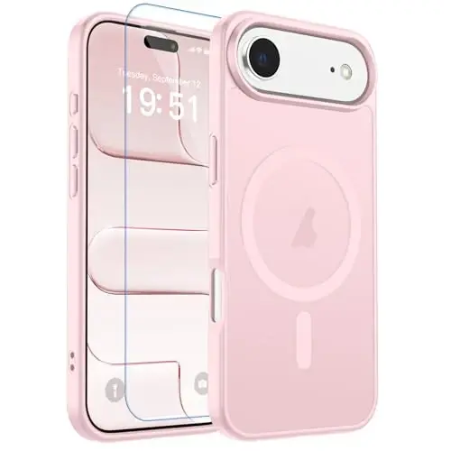zapica Magnetic for iPhone Air Case, with [Tempered Glass Screen Protector] [Compatible with MagSafe] Translucent Matte Shockproof Anti-Scratch Phone Cover, Pink - ZAPICA