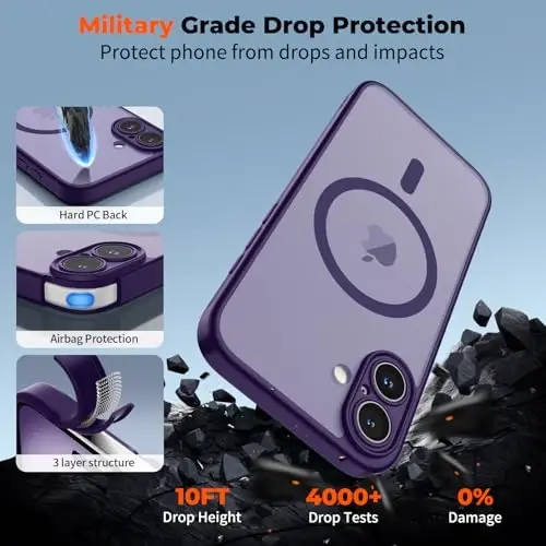 zapica Magnetic için iPhone 16 Kılıfı, Gelişmiş [Kamera Kontrol Düğmesi] [Tam Kamera Koruması] [1 Ekran Koruyucu ile] Yarı Saydam Mat Darbeye Dayanıklı Koruyucu Telefon Kapağı, Koyu Mor - 6