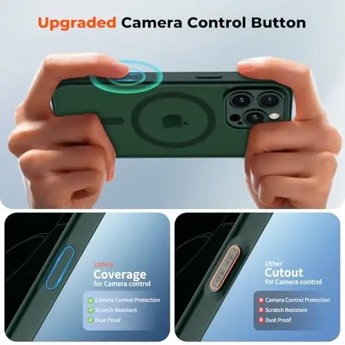 zapica Magnetic için iPhone 16 Pro Max Kılıfı, Geliştirilmiş [Kamera Kontrol Düğmesi] [Tam Kamera Koruması] [1 Ekran Koruyucu ile] Yarı Saydam Mat Darbeye Dayanıklı Koruyucu Telefon Kılıfı, Koyu Yeşil - 4