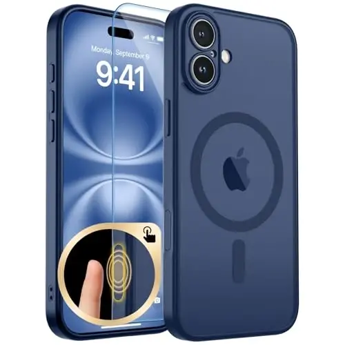 zapica Магнитный чехол для iPhone 16 Plus, Усовершенствованный [Кнопка управления камерой] [Полная защита камеры] [с 1 защитным стеклом] Полупрозрачный матовый противоударный защитный чехол для телефона, Сапфирово-синий - 1