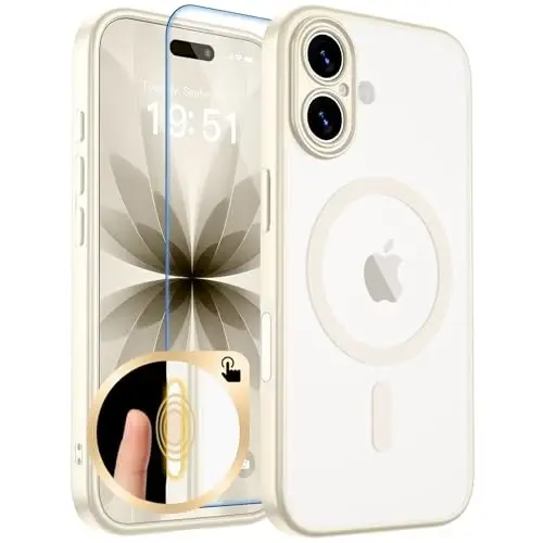 zapica Магнитный чехол для iPhone 17, усовершенствованный [кнопка управления камерой] [полная защита камеры] [с 1 защитным стеклом] полупрозрачный матовый противоударный защитный чехол для телефона, кремово-белый 