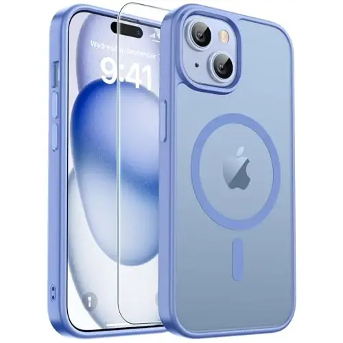 zapica Manyetik iPhone 15 Plus Kılıfı ve iPhone 14 Plus Kılıfı, [Temperli Cam Ekran Koruyuculu] [MagSafe Uyumlu] Yarı Saydam Mat Darbeye Dayanıklı Çizilmez Telefon Kılıfı, Mavi Mor 
