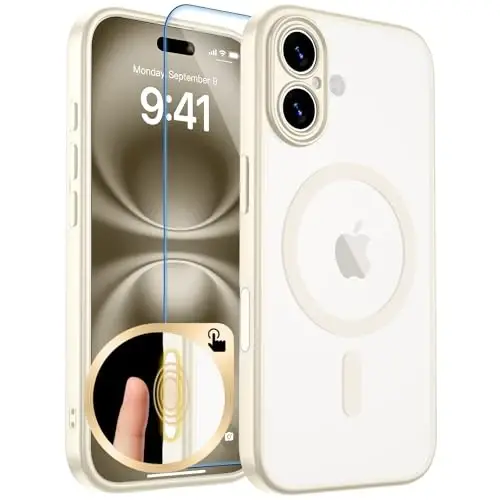 zapica Manyetik iPhone 16 G‘ilofi, Yangilangan [Kamera Boshqaruv Tugmasi] [To'liq Kamera Himoyasi] [1 ta Ekran Himoyachisi bilan] Shaffof Mat zarbga chidamli Himoya Telefon Qopqog'i, Kremsi Oq 