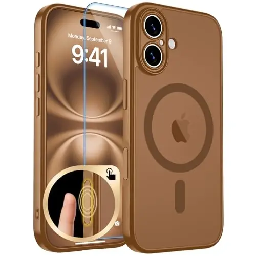 zapica Magnetic for iPhone 16 Case, Upgraded [Camera Control Button] [Full Camera Protection] [with 1 Screen Protector] Translucent Matte Shockproof Protective Phone Cover, Dark Brown 