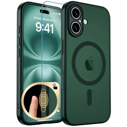 zapica Magnetic for iPhone 16 Case, Dark Green | Upgraded Camera Control Button, Full Camera Protection, with Screen Protector, Translucent Matte Shockproof Phone Cover 