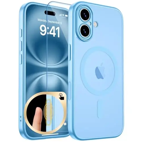 zapica Magnetic for iPhone 16 Case, Sky Blue | Upgraded Camera Control Button, Full Camera Protection, with Screen Protector, Translucent Matte Shockproof Phone Cover 