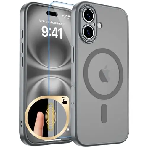 zapica Magnetic for iPhone 16 Case, Gray | Upgraded Camera Control Button, Full Camera Protection, with Screen Protector, Translucent Matte Shockproof Phone Cover 