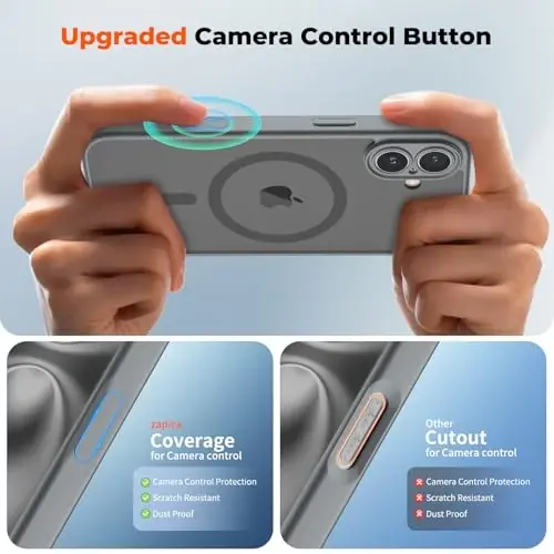 zapica Magnetic for iPhone 16 Case, Gray | Upgraded Camera Control Button, Full Camera Protection, with Screen Protector, Translucent Matte Shockproof Phone Cover - 4