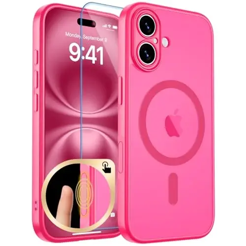zapica Magnetic for iPhone 16 Case, Upgraded [Camera Control Button] [Full Camera Protection] [with 1 Screen Protector] Translucent Matte Shockproof Protective Phone Cover, Rose Pink 