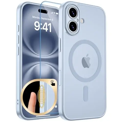zapica Magnetic for iPhone 16 Case, Silver Blue | Upgraded Camera Control Button, Full Camera Protection, with Screen Protector, Translucent Matte Shockproof Phone Cover 