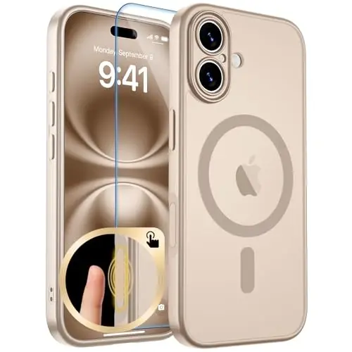 zapica Magnetic for iPhone 16 Case, Upgraded [Camera Control Button] [Full Camera Protection] [with 1 Screen Protector] Translucent Matte Shockproof Protective Phone Cover, Sand Gold 