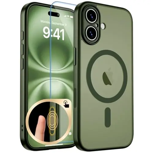 zapica Magnetic for iPhone 16 Case, Cedar Green | Upgraded Camera Control Button, Full Camera Protection, with Screen Protector, Translucent Matte Shockproof Phone Cover 