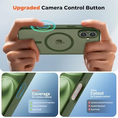 zapica Magnetic for iPhone 16 Case, Cedar Green | Upgraded Camera Control Button, Full Camera Protection, with Screen Protector, Translucent Matte Shockproof Phone Cover - 4