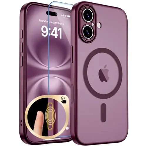 zapica Magnetic for iPhone 16 Case, Upgraded [Camera Control Button] [Full Camera Protection] [with 1 Screen Protector] Translucent Matte Shockproof Protective Phone Cover, Burgundy - 1