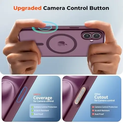 zapica Magnetic for iPhone 16 Case, Upgraded [Camera Control Button] [Full Camera Protection] [with 1 Screen Protector] Translucent Matte Shockproof Protective Phone Cover, Burgundy - 4