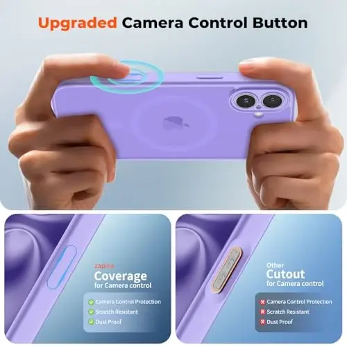 zapica Magnetic for iPhone 16 Case, Upgraded [Camera Control Button] [Full Camera Protection] [with 1 Screen Protector] Translucent Matte Shockproof Protective Phone Cover, Purple - 4