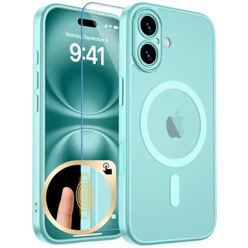 zapica Magnetic for iPhone 16 Case, Upgraded [Camera Control Button] [Full Camera Protection] [with 1 Screen Protector] Translucent Matte Shockproof Protective Phone Cover, Aqua Green 