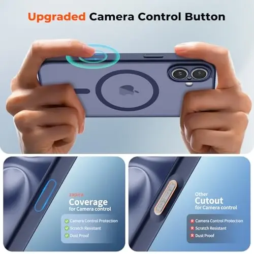 zapica Magnetic for iPhone 16 Plus Case, Upgraded [Camera Control Button] [Full Camera Protection] [with 1 Screen Protector] Translucent Matte Shockproof Protective Phone Cover, Deep Blue - 4
