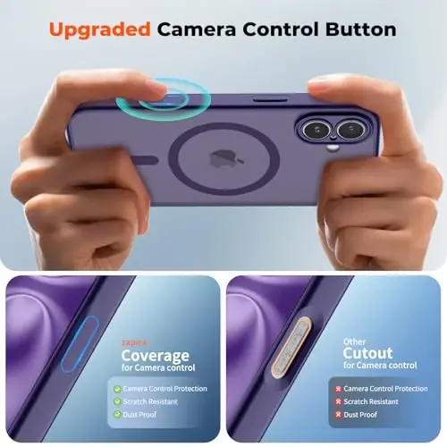 zapica Magnetic for iPhone 16 Plus Case, Upgraded [Camera Control Button] [Full Camera Protection] [with 1 Screen Protector] Translucent Matte Shockproof Protective Phone Cover, Deep Purple - 4