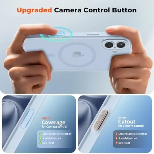 zapica Magnetic for iPhone 16 Plus Case, Upgraded [Camera Control Button] [Full Camera Protection] [with 1 Screen Protector] Translucent Matte Shockproof Protective Phone Cover, Silver Blue - 4