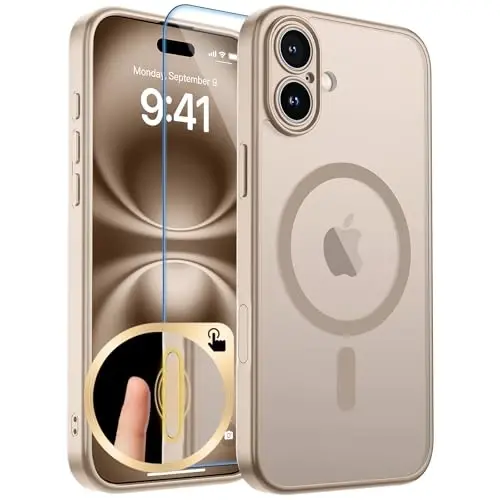 zapica Magnetic for iPhone 16 Plus Case, Sand Gold | Upgraded Camera Control Button, Full Camera Protection, with Screen Protector, Translucent Matte Shockproof Phone Cover 