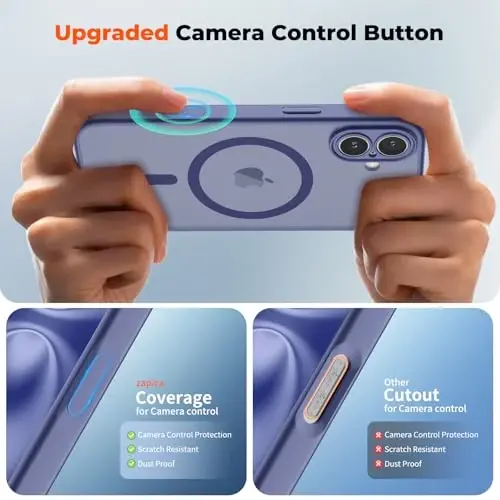 zapica Magnetic for iPhone 16 Plus Case, Upgraded [Camera Control Button] [Full Camera Protection] [with 1 Screen Protector] Translucent Matte Shockproof Protective Phone Cover, Blue Gray - 4