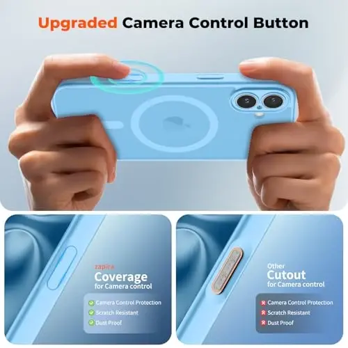 zapica Magnetic for iPhone 16 Plus Case, Sky Blue | Upgraded Camera Control Button, Full Camera Protection, with Screen Protector, Translucent Matte Shockproof Phone Cover - 4