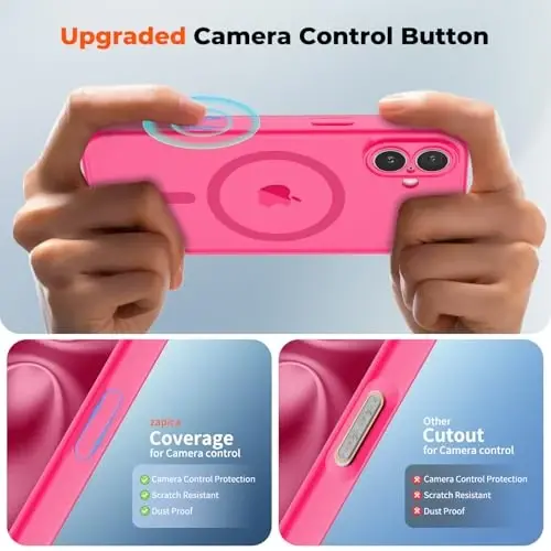 zapica Magnetic for iPhone 16 Plus Case, Rose Pink | Upgraded Camera Control Button, Full Camera Protection, with Screen Protector, Translucent Matte Shockproof Phone Cover - 4