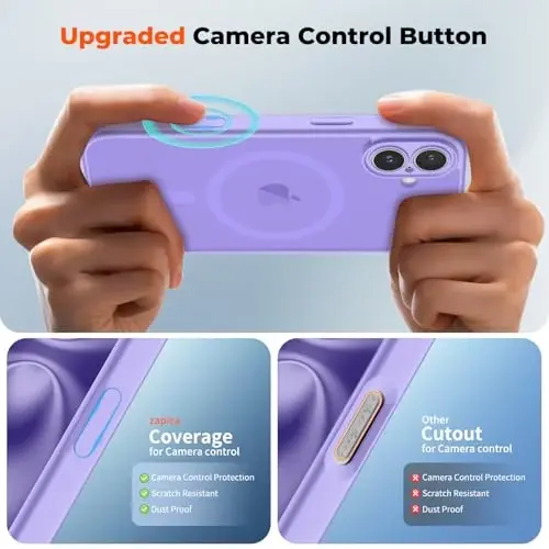 zapica Magnetic for iPhone 16 Plus Case, Purple | Upgraded Camera Control Button, Full Camera Protection, with Screen Protector, Translucent Matte Shockproof Phone Cover - 4