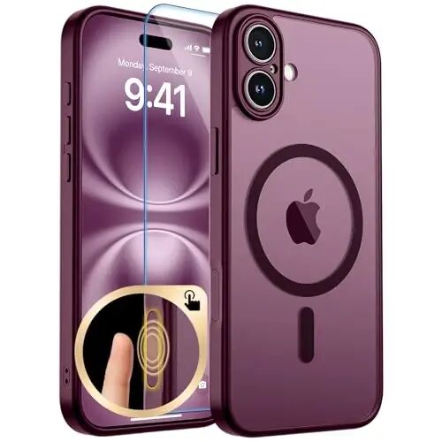 zapica Magnetic for iPhone 16 Plus Case, Burgundy | Upgraded Camera Control Button, Full Camera Protection, with Screen Protector, Translucent Matte Shockproof Phone Cover - ZAPICA