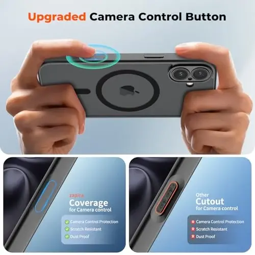 zapica Magnetic for iPhone 16 Plus Case, Upgraded [Camera Control Button] [Full Camera Protection] [with 1 Screen Protector] Translucent Matte Shockproof Protective Phone Cover, Midnight Black - 4