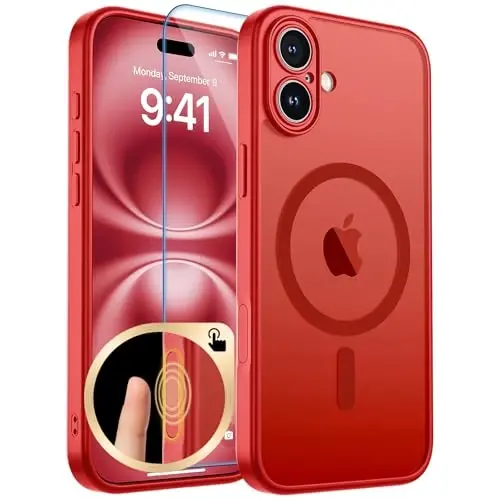 zapica Magnetic for iPhone 16 Plus Case, Upgraded [Camera Control Button] [Full Camera Protection] [with 1 Screen Protector] Translucent Matte Shockproof Protective Phone Cover, Bright Red - 1